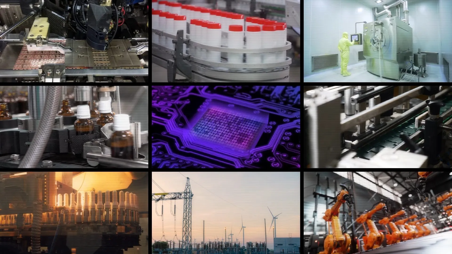 Collage of nine industries where Leviora operates: automotive, metal and machinery, food and beverage, pharma, chemicals, textile, cement, mining and power generation.